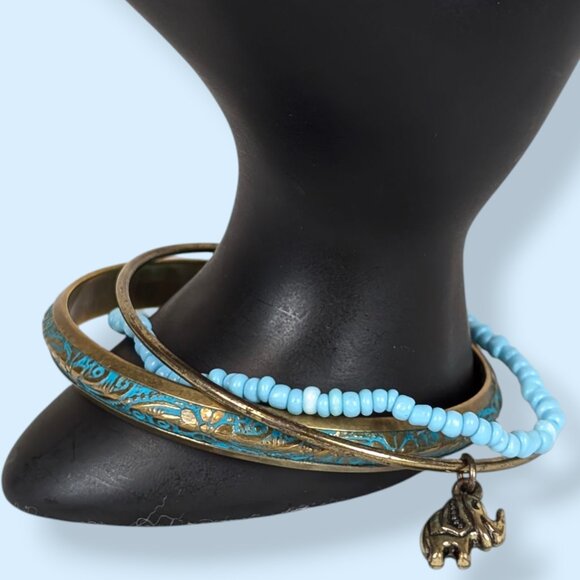 Set of 3 Gold Tone & Blue Bracelets - Picture 1 of 5